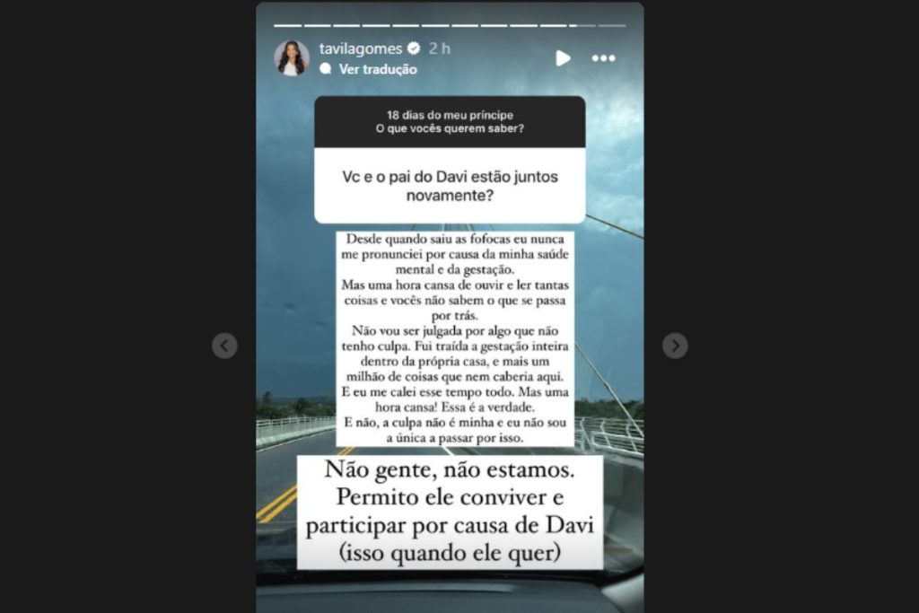 Stories de Távila Gomes negando ter reatado namoro com Luva de Pedreiro
