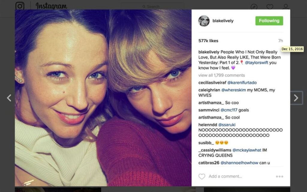 Blake Lively e Taylor Swift – Foto: Reprodução Instagram