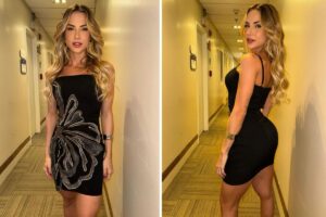 Gabi Martins de vestido preto, empinando o bumbum
