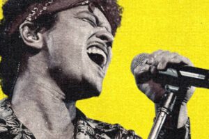 bruno mars cnatando em pôster da turnê no brasil