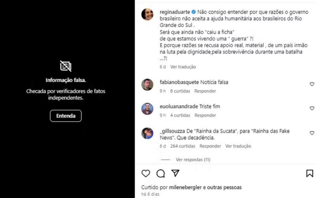Regina Duarte espalha fake news e é advertida pelo Instagram