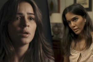 fotomontagem de Sandra (Giullia Buscacio) e Mariana (Theresa Fonseca) em Renascer