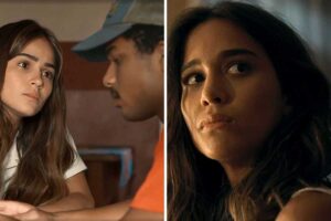 Fotomontagem de Sandra (Giullia Buscacio) com João Pedro (Juan Paiva) e Mariana (Theresa Fonseca) em 