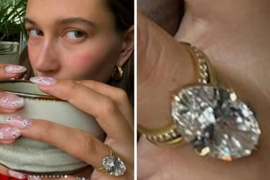 Anel de diamante na mão de Hailey Bieber