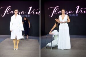 Marcela McGowan de roupão branco e vestida de noiva