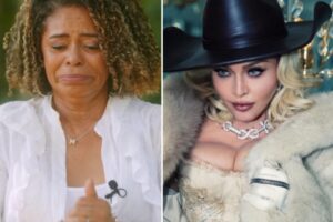 Maria Solange chorando e Madonna de chapéu preto