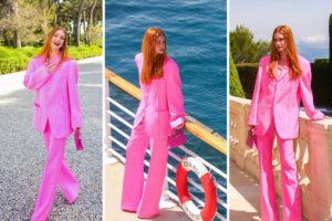 Marina Ruy Barbosa de tailleur rosa em Mônaco