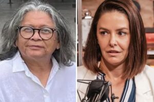 Marlene Mattos de camisa branca e Bianca Rinaldi falando ao microfone