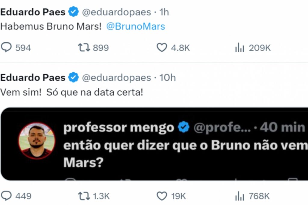 Print de postagem do prefeito Eduardo Paes sobre show e Bruno Mars no RJ