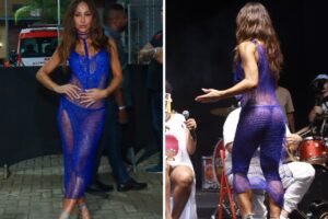 Sabrina Sato de vestido azul transparente e fio dental azul