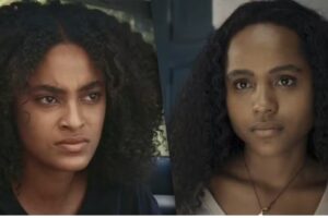 Fotomontagem de Teca (Lívia Santos) e Maria Santa (Duda Santos) em Renascer