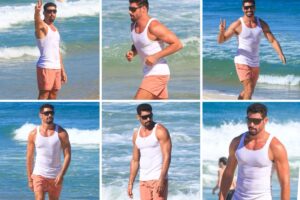 Cauã Reymond gravando na praia