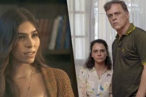 Fotomontagem de Buba (Gabriela Medeiros) e Humberto (Guilherme Fontes) com Meire (Malu Galli) em 