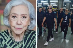 Fotomontagem de Fernanda Montenegro e Jota Quest cantando na estação Sé do Metrô de São Paulo