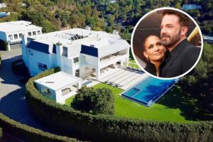 fotomontagem de jennifer lopez e ben affleck juntos com mansão de fundo