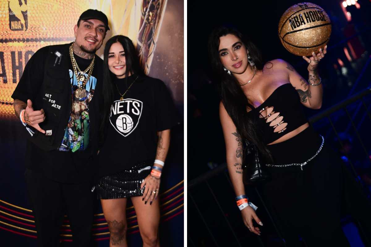 Ftomontagem de MC Binn com a namorada e Giovanna Lima na NBA House