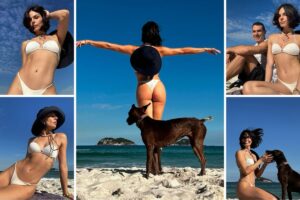 Isis Valverde na praia de biquíni com cachorro e Marcos Buaiz