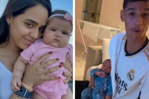 Luna no colo da mãe, Mirella Santos e Davi no colo do pai, Luva de Pedreiro