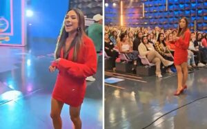 patricia abravanel sorridente em bastidores de gravação