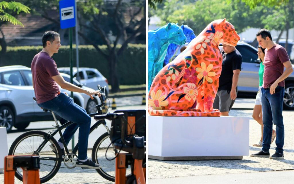 Matheus Solano pedala com o filho e curete exposição de onças na Lagoa, Rio