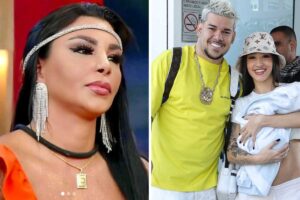 fotomontagem jenny miranda em a afzenda 15 e bia e rafael buarque deixando maternidade com kaleb