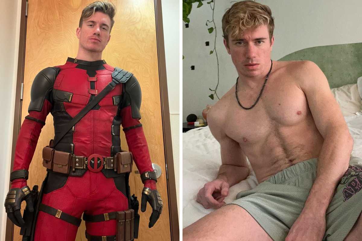 fotomontagem de nick pauley com traje de deadpool e sem camisa na cama