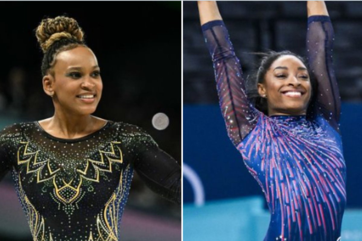 fotomontagem de rebeca andrade e simone biles ns olimpíadas