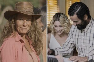 Fotomontagem de Zefa Leonel (Andréa Beltrão) e Zé Beltino (Igor Fortunato) e Blandina (Luisa Arraes) se casando em No Rancho Fundo