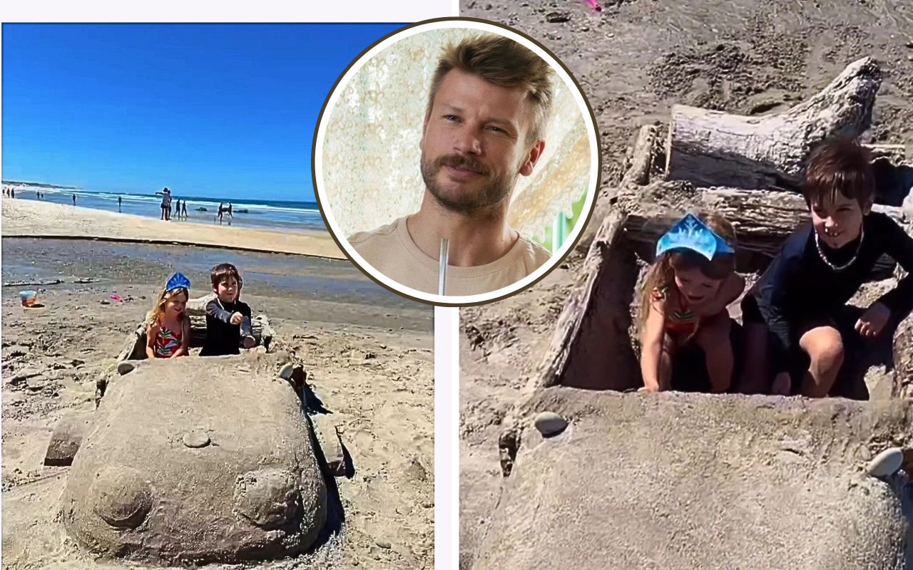 Rodrigo Hilbert constrói carro de areia na praia