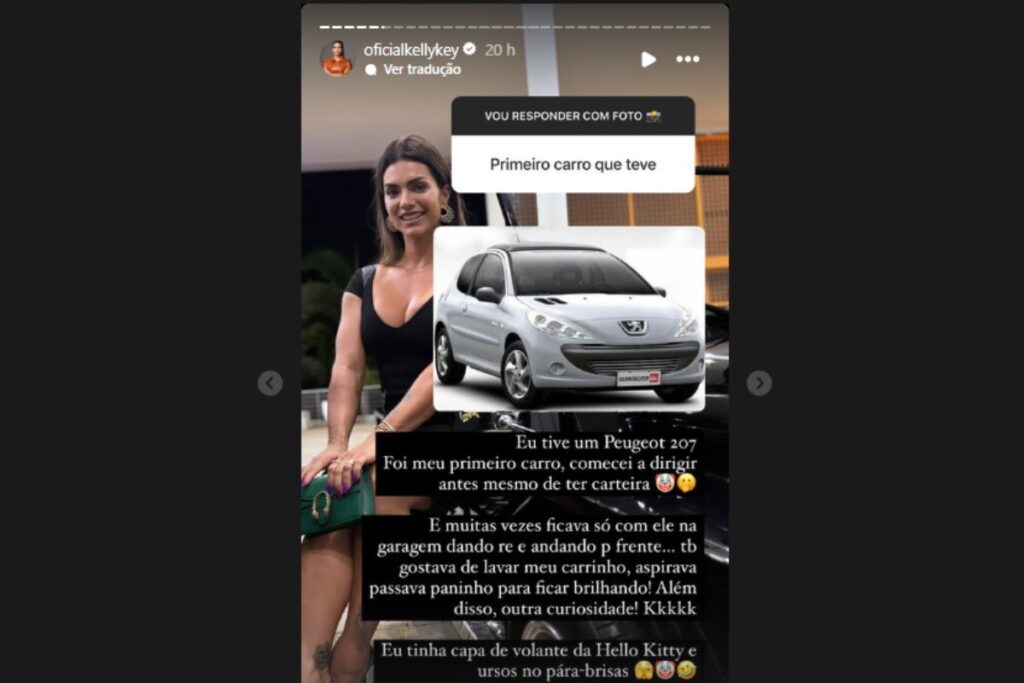 stories de kelly key falando de seu primeiro carro