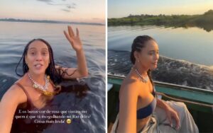 Taís Araújo explora a Amazônia e nada com botos