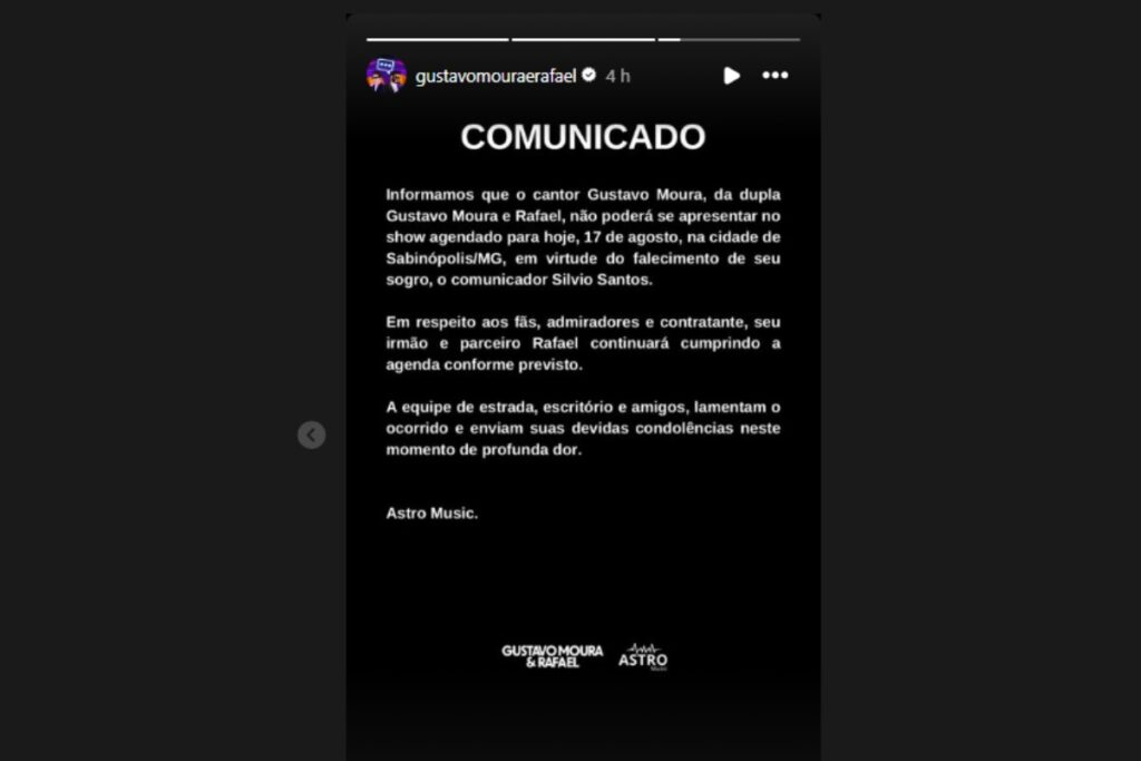 comunicado sobre ausência de gustavo moura em show com a dupla, rafael