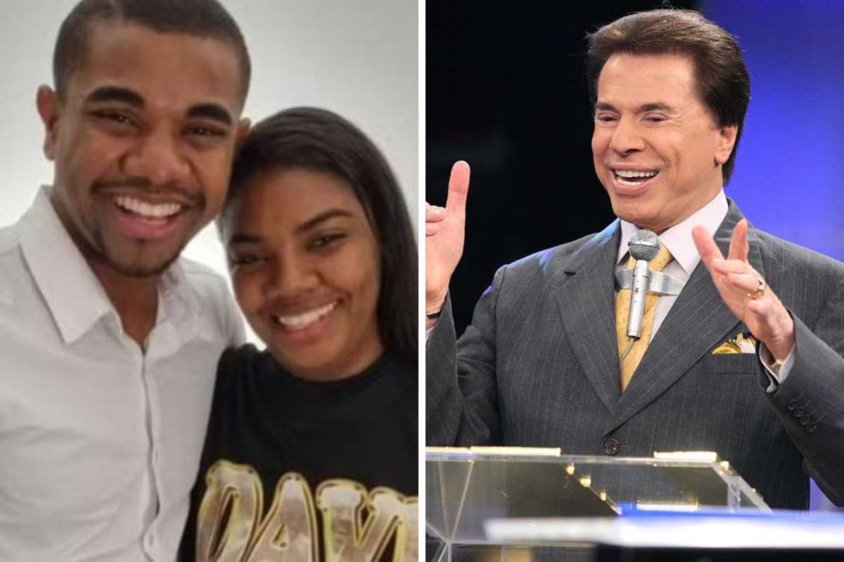 fotomontagem de davi e raquel brito abraçados e silvio santos