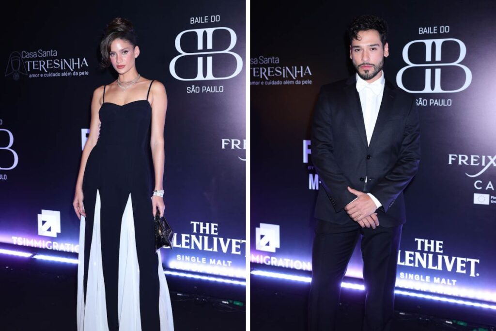 Laura Fernandez e Bruno Fagundes em looks preto e branco