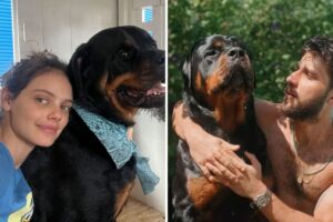 Laura Neiva e Chay Sued com o cachorro Pretinho