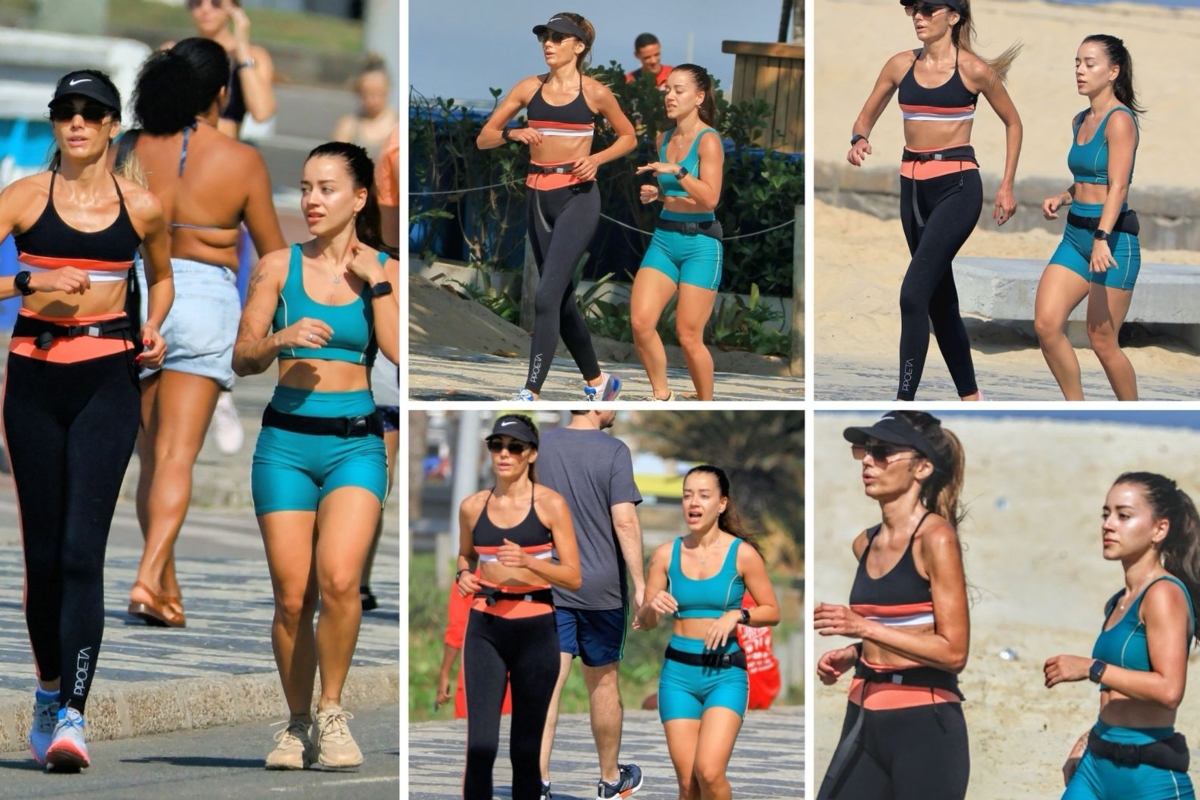 Patrícia Poeta e a nora correndo na praia de Ipanema