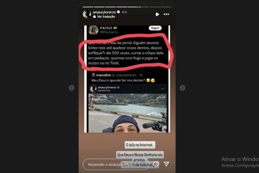 Stories de Amaury Lorenzo reelando ameaças de morte