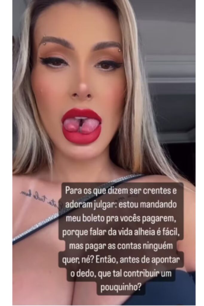 Stories de Andresa Urach rebatendo criticas por bifurcação na língua