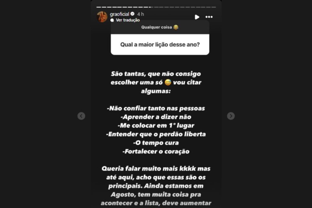 stories de gracyanne barbosa refletindo sobre seu ano