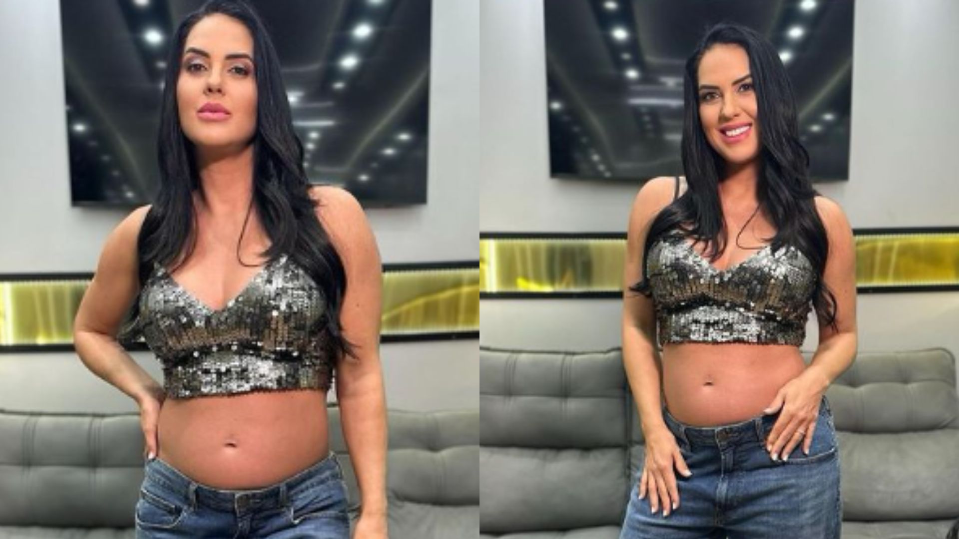 Graciele Lacerda exibe barriguinha em look brilhante