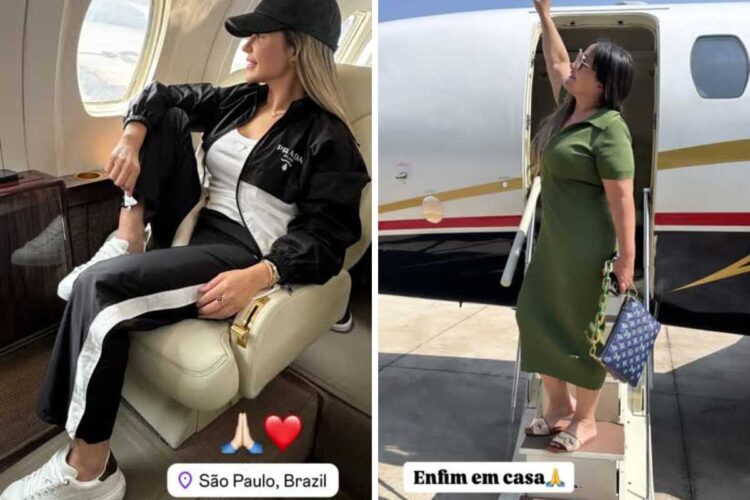 fotomontagem de deolane e solange bezerra em avião voltando para casa após soltura da prisão