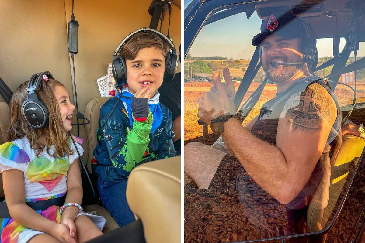 fotomontagem de zé neto e os filhos andando de helicóptero