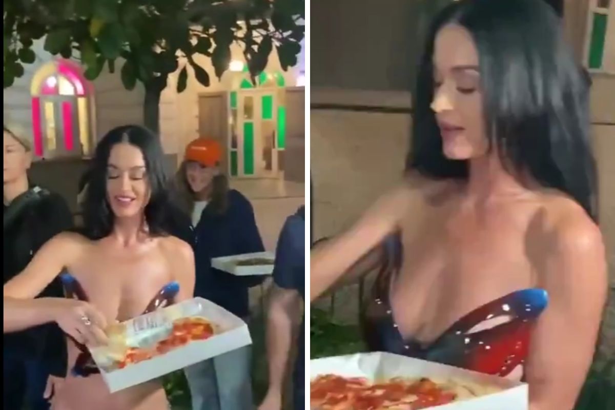 Katy Perry com pizza para os fãs