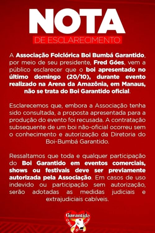 Comunicado do Boi Garantido sobre show de Ludmilla