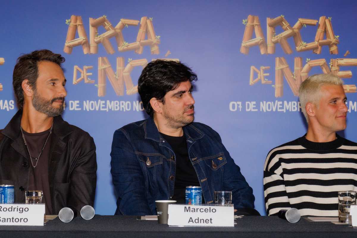 Rodrigo Santoro, Marcelo Adnet e Bruno Gagliasso em evento do filme "Arca de Noé"