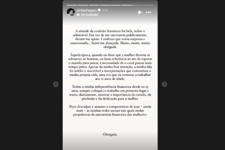 storie de cintia chagas agradecendo apoio da coalizão feminista para ela