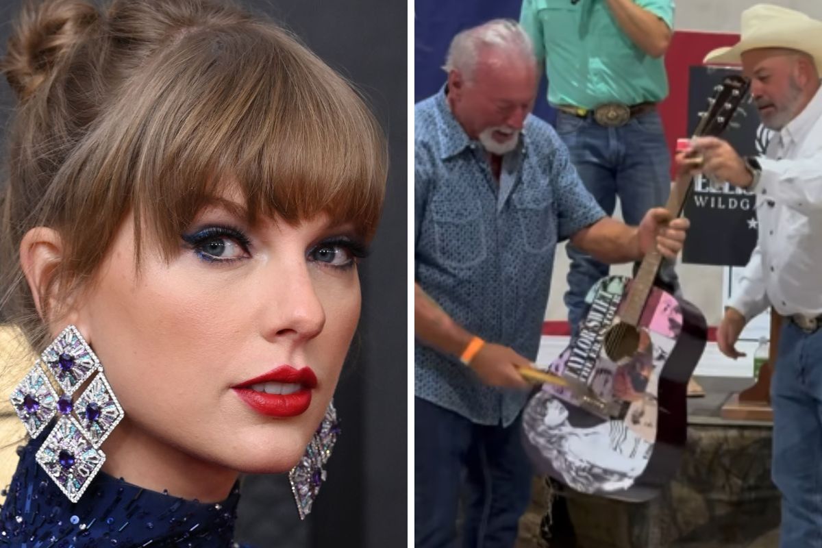 Taylor Swift e home que destruiu violão em leilão