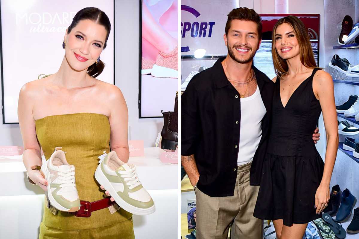 fotomontagem de Nathalia Dill, Klebber Toledo e Camila Queiroz em feira de calçados