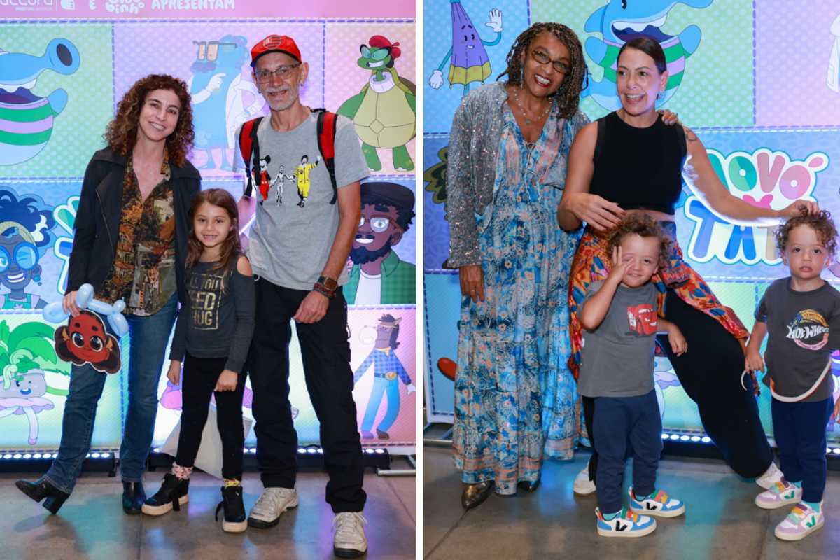 fotomontagem de Rosane Svartman e família e Elisa Lucinda com Fabiula Nascimento e gêmeos Roque e Raul em evento de Vovó Tatá