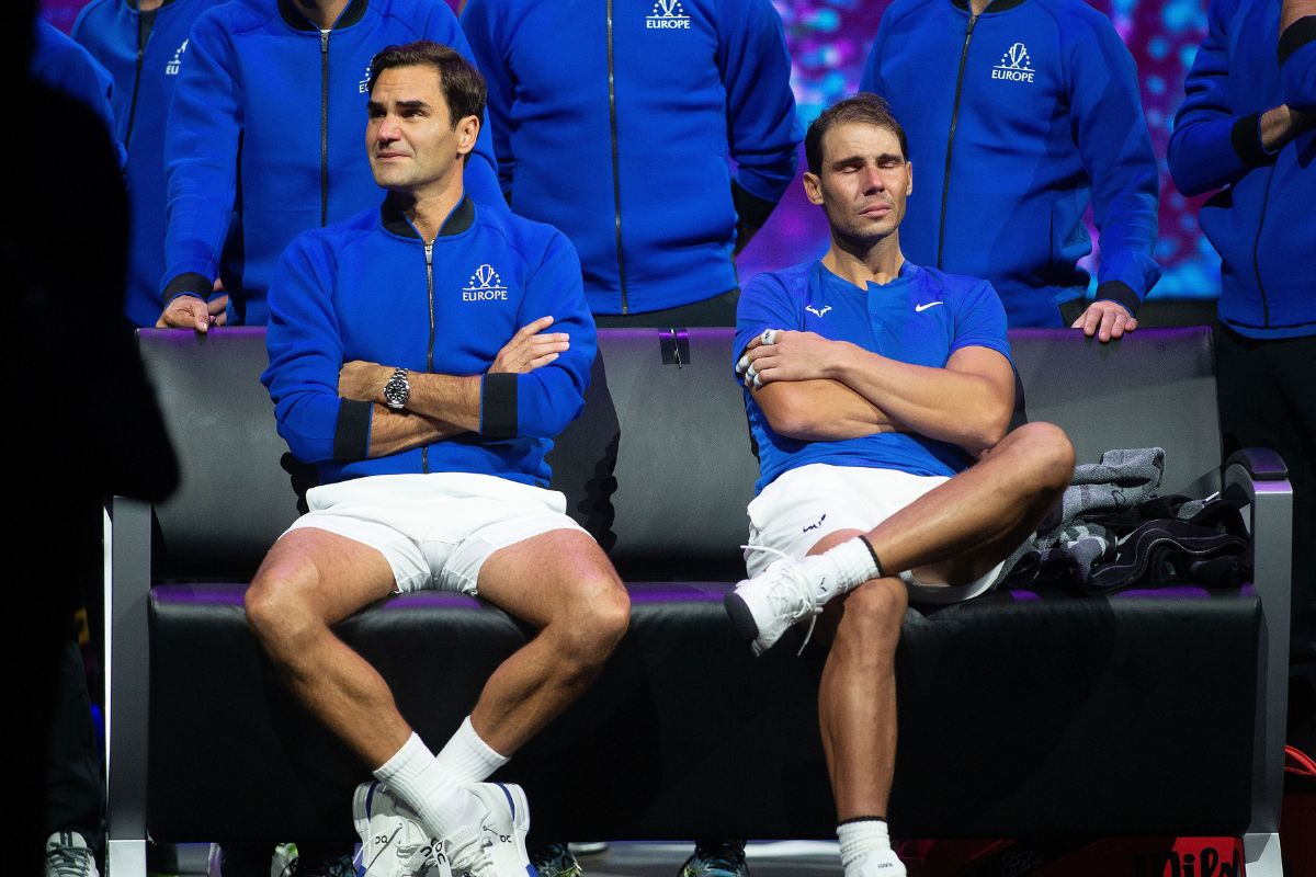 Roger Federer e Rafael Nadal emocionados na Laver Cup em 2022